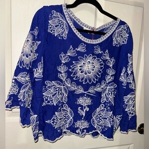 Solitaire Royal Blue Blouse with White Embroidery XL NWT boho festival vacation